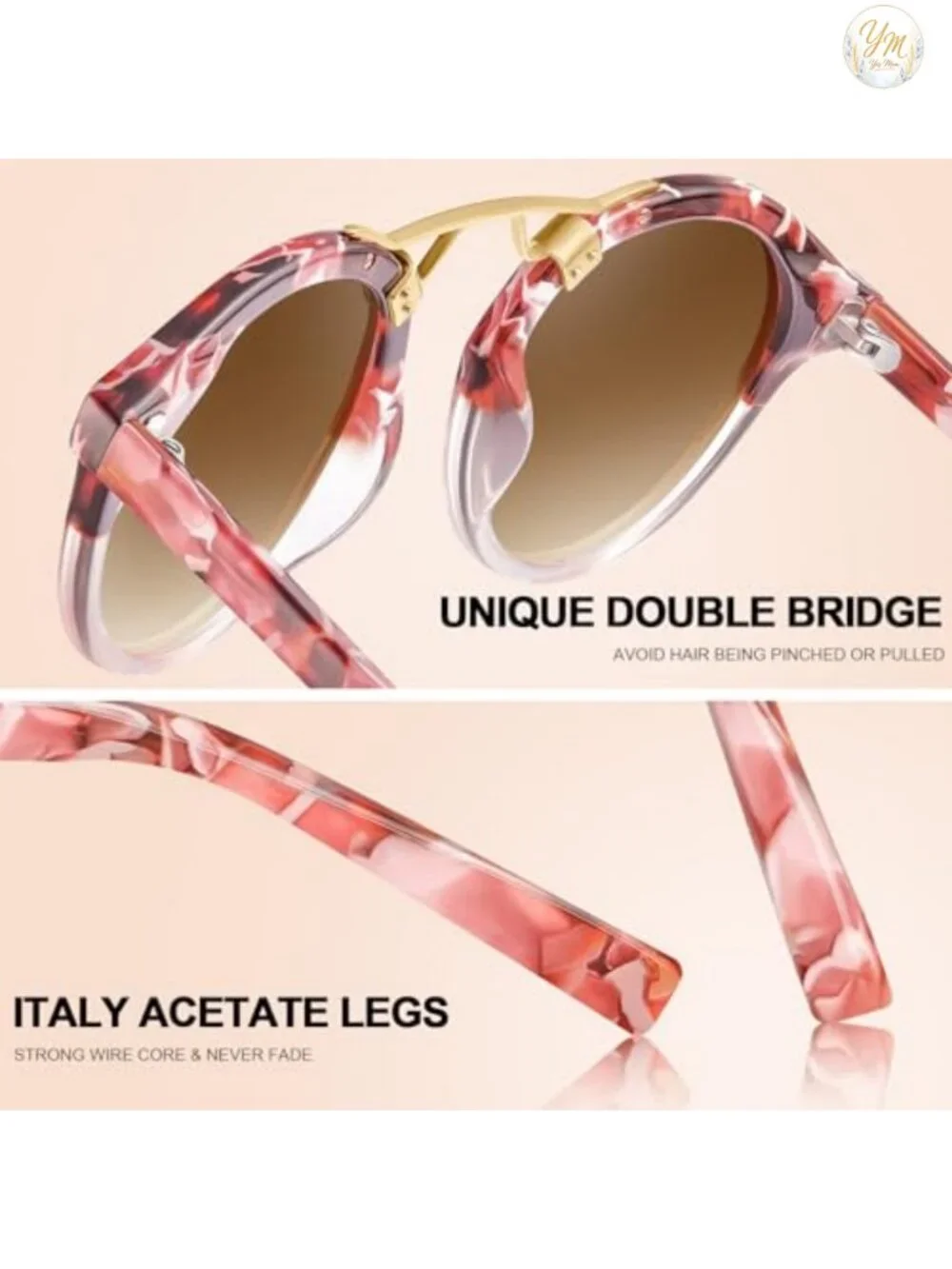 Polarized Round Sunglasses for Women UV400 Protection Acetate Frame Retro